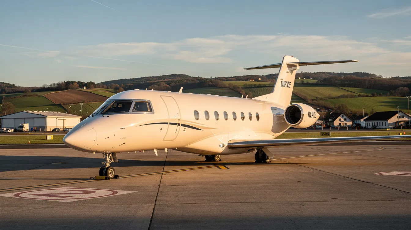 A sleek private jet is parked on a sunlit tarmac at a small European regional airport, surrounded by lush green hills in the background, highlighting the luxury of private jet travel. This scene captures the essence of flexibility and comfort associated with private charter flights, perfect for those planning their next journey.