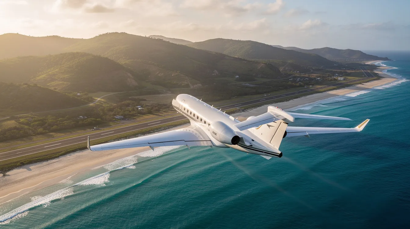 A private jet is gracefully descending toward a coastal airport, with stunning turquoise waters and lush green hills visible in the background, highlighting the allure of private jet travel and the convenience of private charter flights. The scene captures the essence of luxury and personalized service that discerning travelers expect from private aviation.