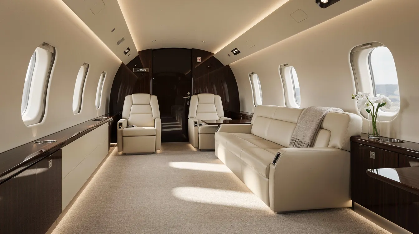 The image depicts the interior of a spacious private jet cabin featuring luxurious leather club seating, warm ambient lighting, and a comfortable divan along one wall, ideal for discerning travelers seeking a premium private jet charter experience. This elegant setting is designed to accommodate the needs of business executives and provide a relaxing atmosphere for private travel.