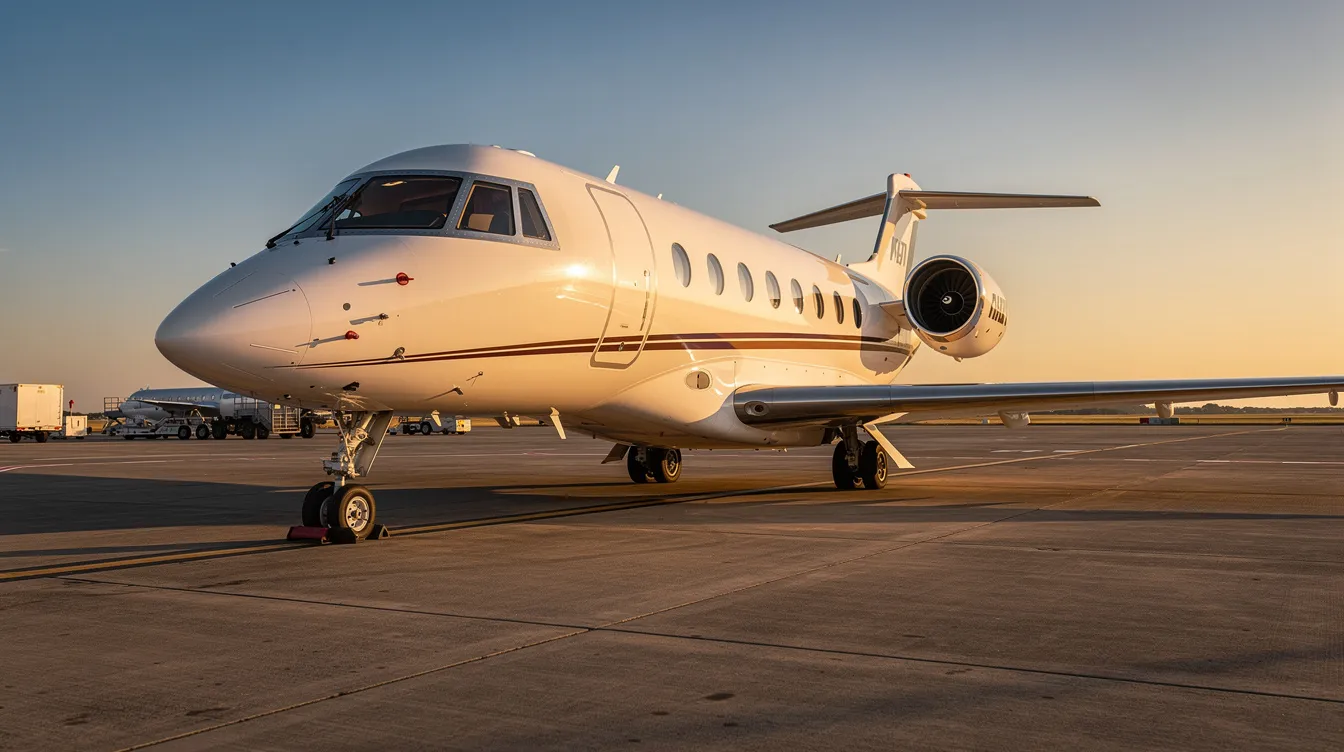 A large private jet is parked on the airport tarmac during golden hour, with a clear blue sky in the background, showcasing the luxurious design typical of private jet travel. This scene highlights the convenience and elegance of private jet charters for discerning travelers.