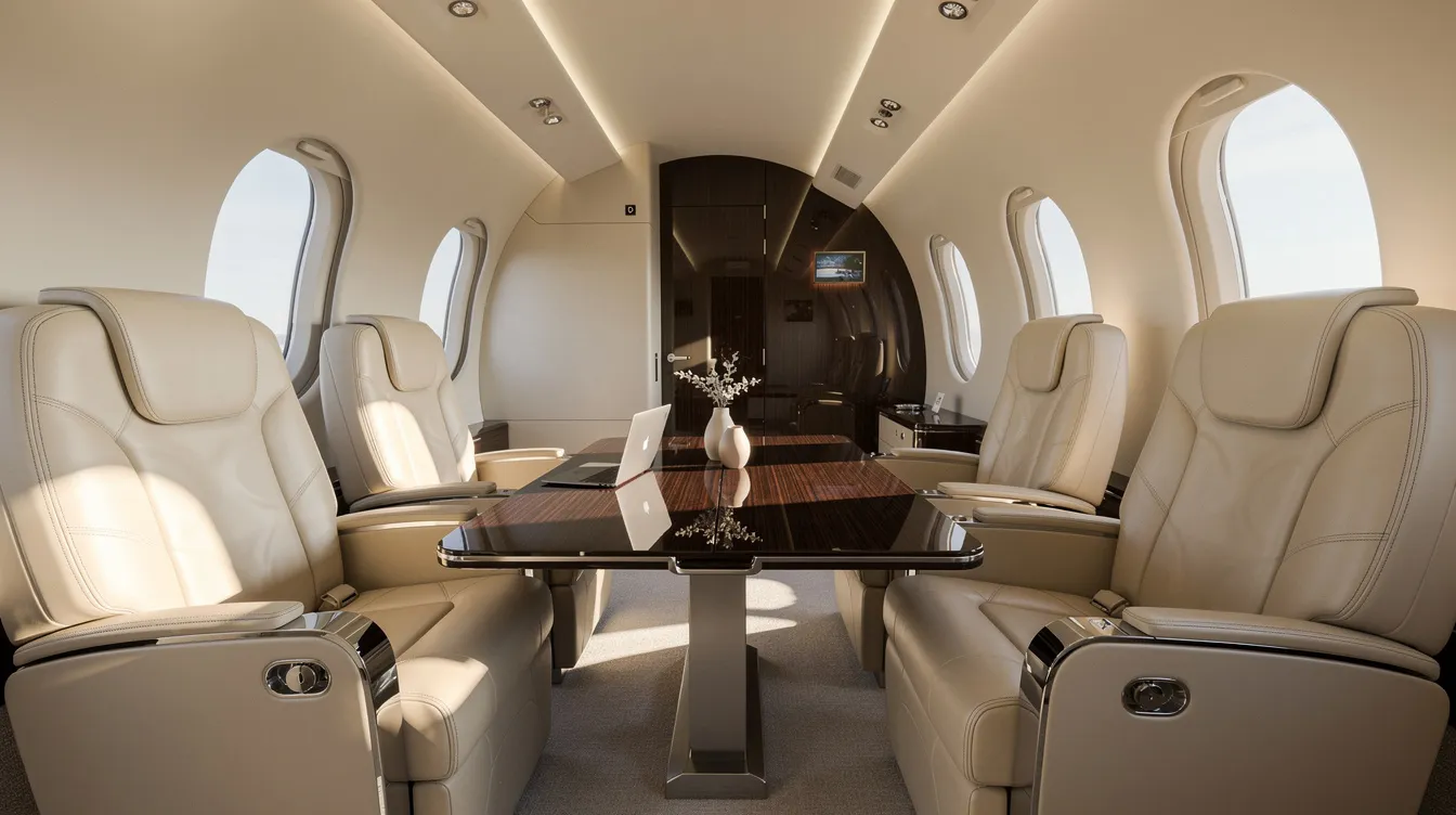 The image depicts the interior of a modern private jet cabin featuring cream leather seats and a polished wood table, illuminated by natural light streaming through oval windows. This luxurious space is designed for private jet travelers, offering unmatched comfort and personalized service during their flight experience.