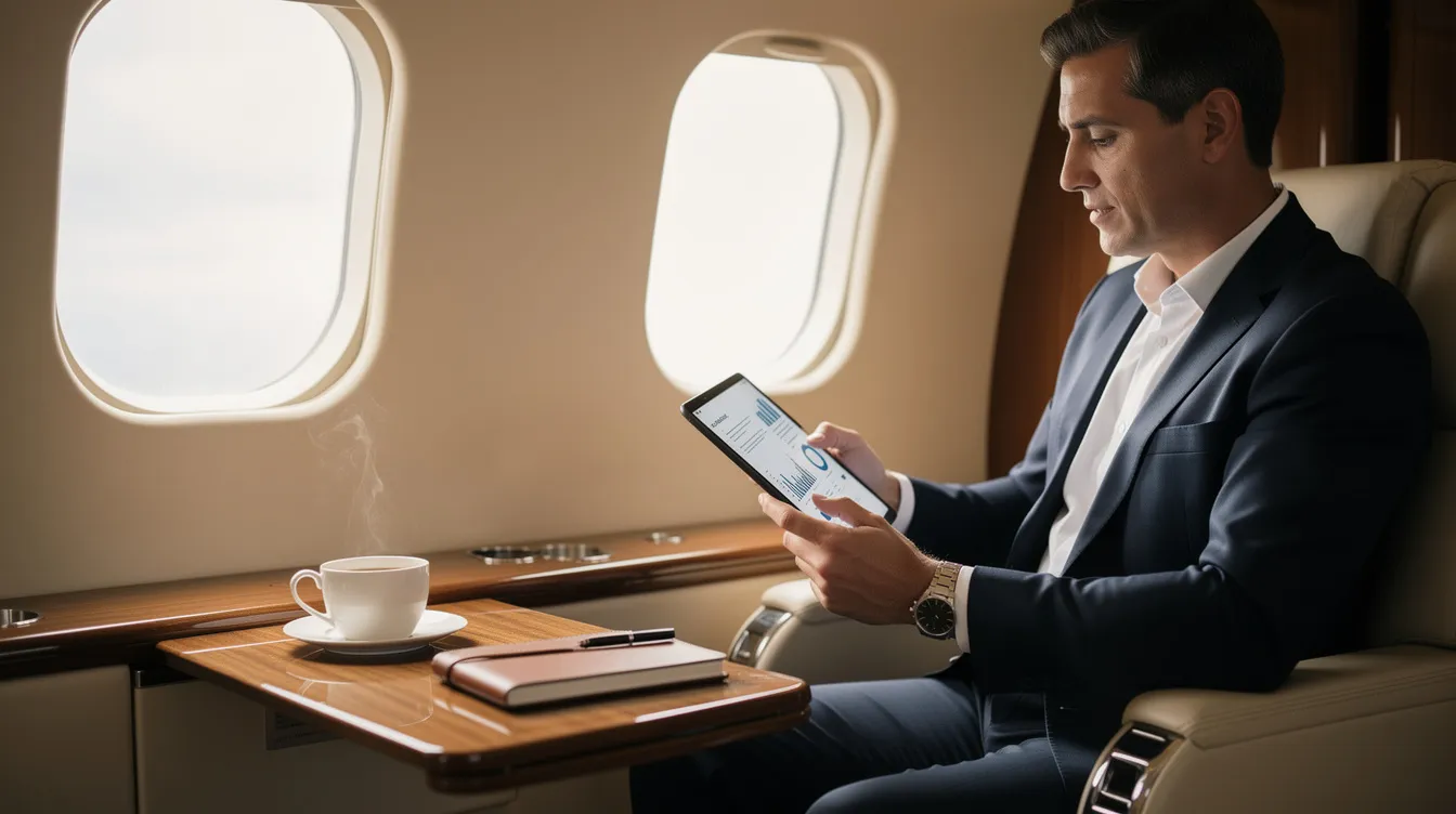 A business executive is seated in a luxurious private jet cabin, intently reviewing documents on a tablet while a coffee cup rests on the side table, showcasing the comfort and convenience of private jet travel. The scene highlights the personalized service and in-flight amenities that cater to business travelers on private flights.