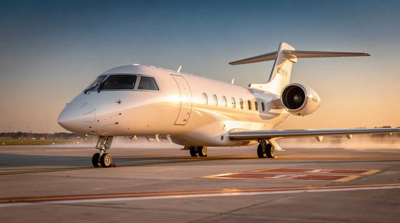 A sleek private jet is parked on a tarmac, bathed in the warm light of golden hour, with a clear blue sky in the background. This luxurious aircraft represents the epitome of private jet travel, offering unmatched comfort and personalized service for discerning travelers.