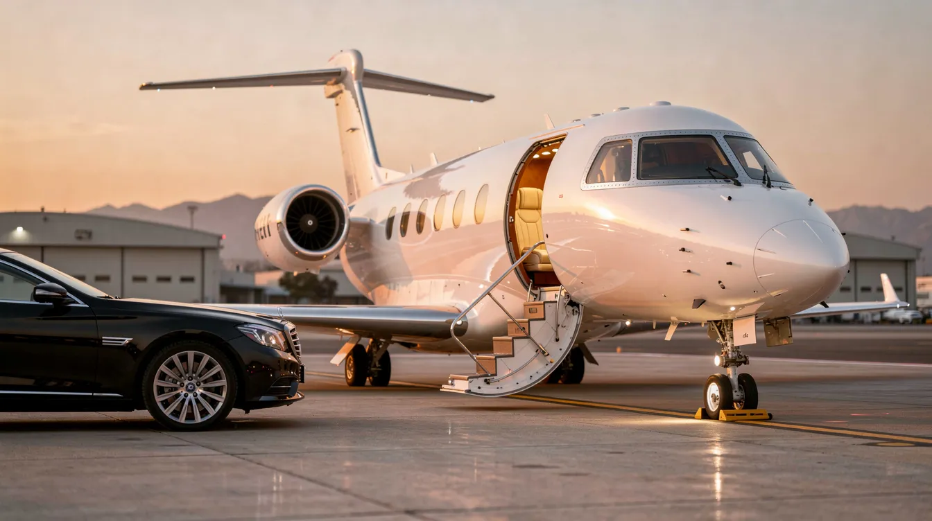 The image depicts a luxurious private jet parked on a tarmac, showcasing the sleek design and spacious interior typical of high-end aviation. This represents the ultimate in travel efficiency and comfort, ideal for those seeking a premium experience, while also hinting at the operational logistics involved in private jet aviation, such as real-time tracking and customs clearance for international flights.
