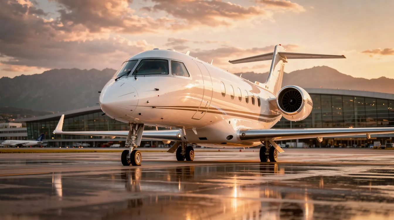 The image depicts a luxurious private jet parked on a runway, showcasing its sleek design and polished exterior. This aircraft represents the pinnacle of operational efficiency in air travel, offering a premium experience for customers seeking fast and exclusive transportation to their destination country.