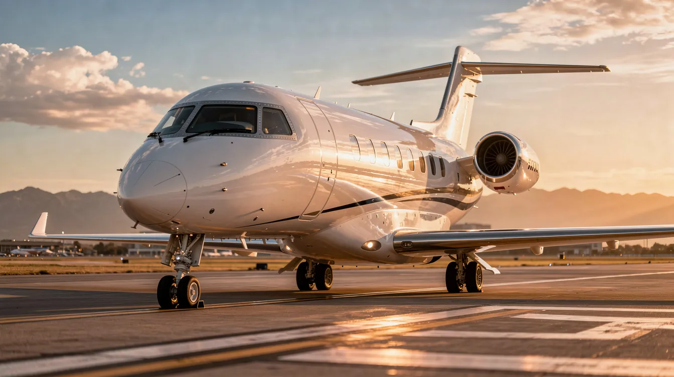 The image depicts a luxurious private jet parked on a runway, showcasing its sleek design and polished exterior. This aircraft represents the pinnacle of operational efficiency in air travel, offering a premium experience for customers seeking fast and exclusive transportation to their destination country.