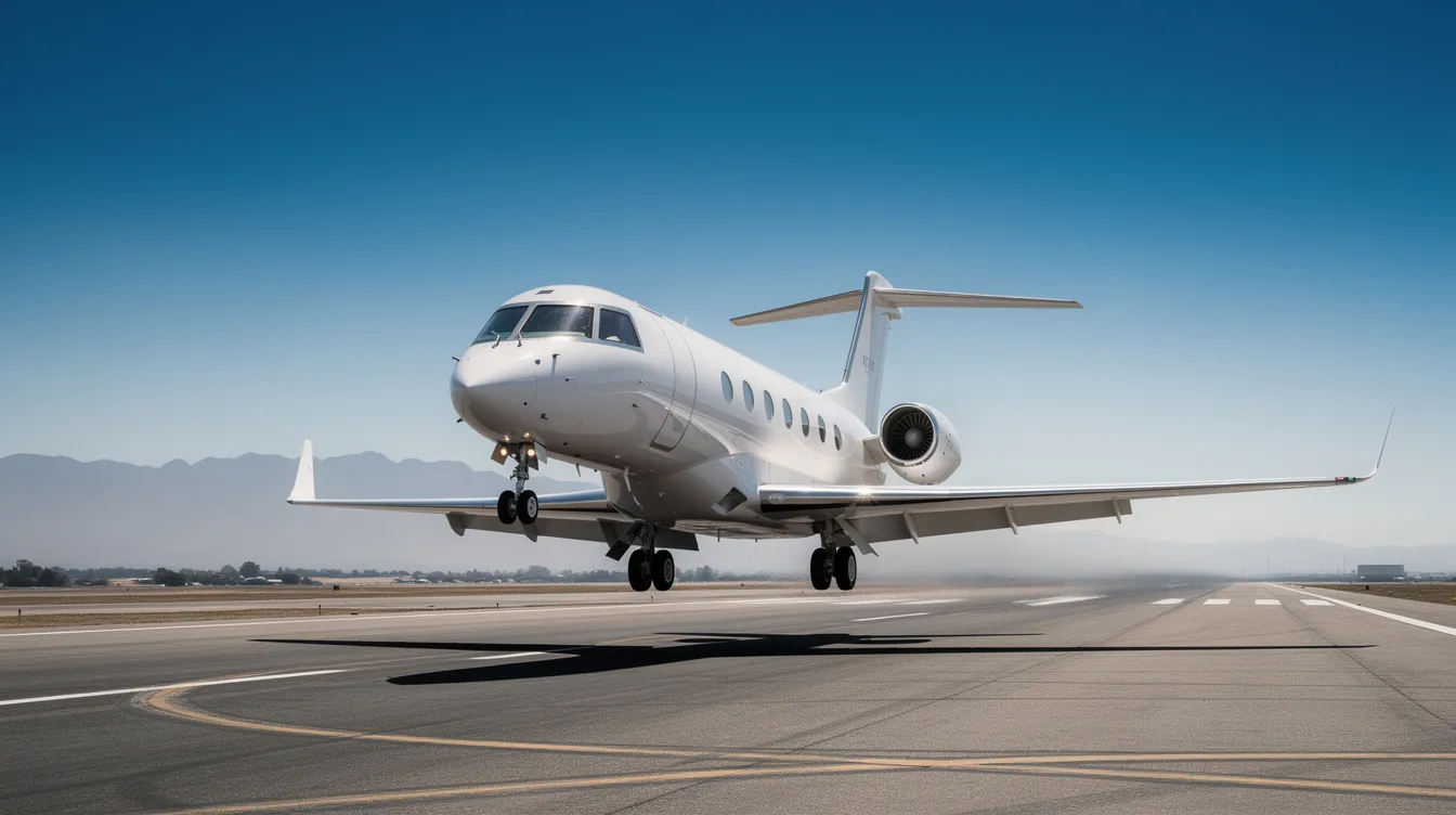 A private jet is taking off from a runway, soaring into a clear blue sky with distant mountains visible on the horizon. This image captures the essence of private aviation, showcasing the luxury of private jet travel against a stunning backdrop.