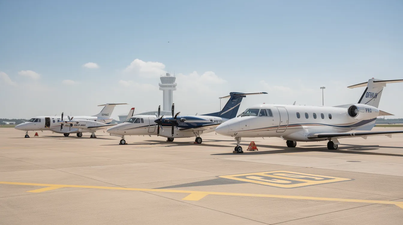 The image depicts several private aircraft of varying sizes parked on a sunny airport ramp, with a control tower visible in the background, illustrating the private aviation market and options for private jet rental. This scene highlights the diversity of private flights available, from light jets to heavy jets, catering to different travel needs.