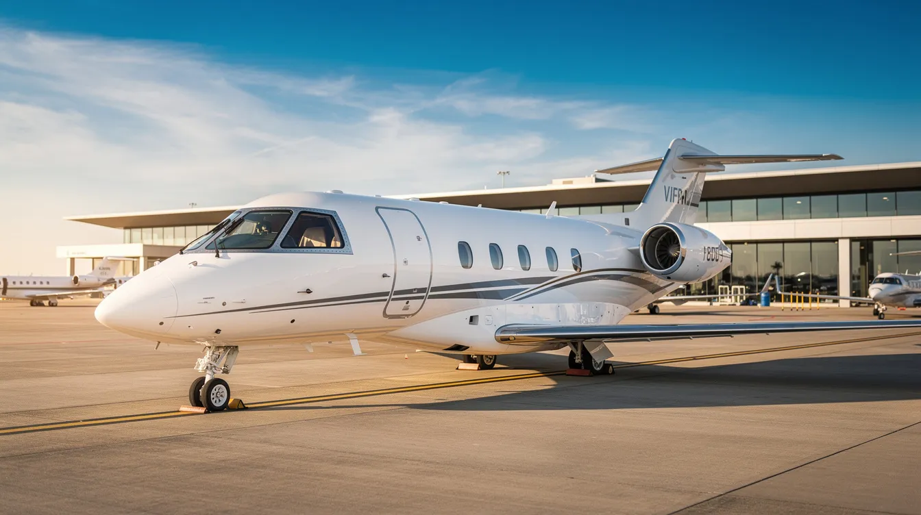 A sleek midsize private jet is parked on the tarmac at a private terminal, with clear blue skies in the background, showcasing the convenience and elegance of private jet charter services for those seeking a comfortable flying experience.