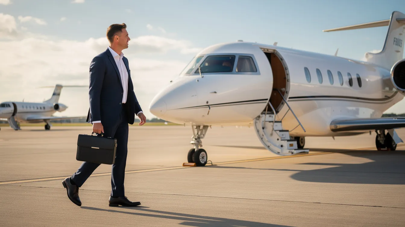 A business professional is walking across a private aviation ramp towards a waiting midsize jet, with the boarding stairs deployed, ready for private jet travel. The scene highlights the convenience and luxury of private jet charter services, showcasing the ease of boarding for travelers flying private.