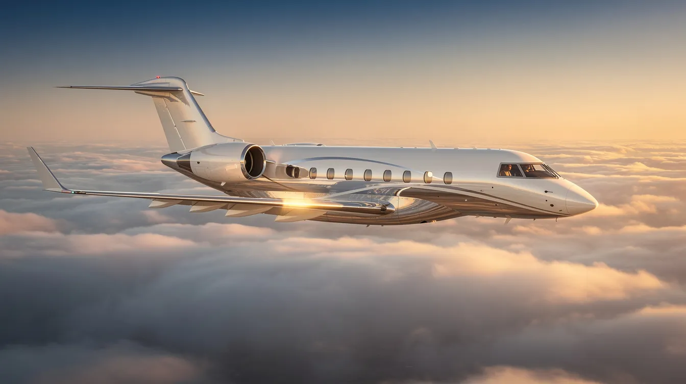 A sleek midsize business jet soars above a soft layer of clouds during golden hour, showcasing the elegance of private aviation. This image captures the essence of flying private, highlighting the freedom and luxury that come with chartering a private jet.