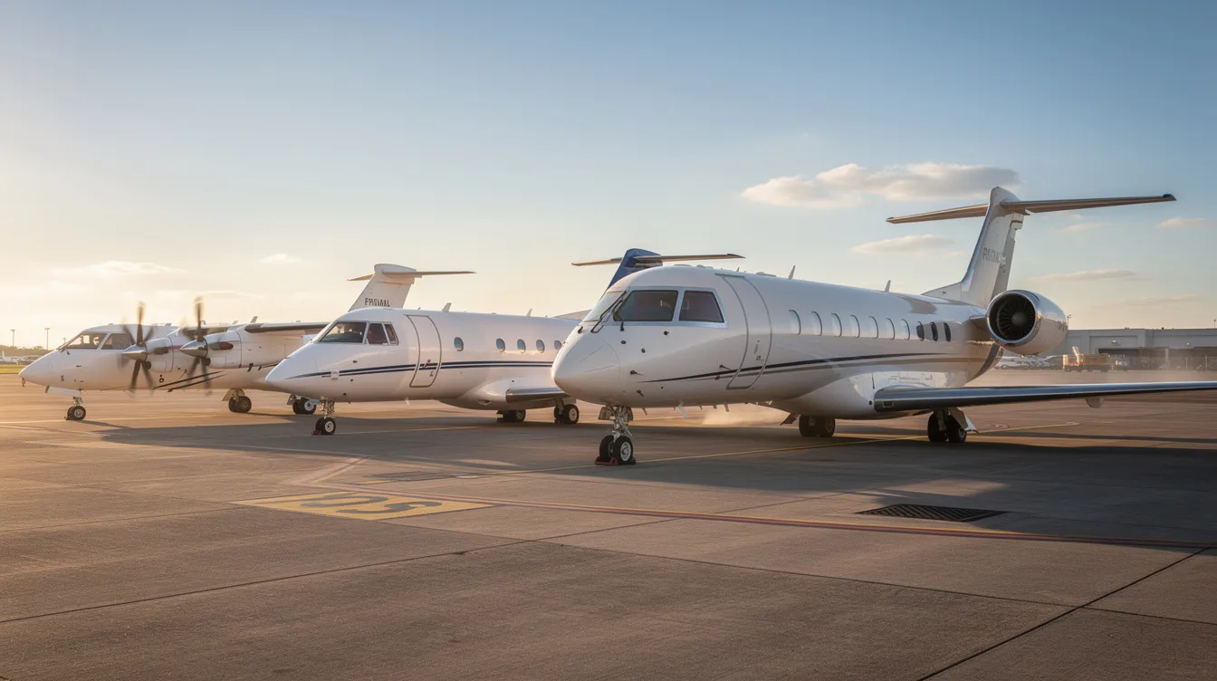 The image depicts several business jets of varying sizes parked on an airport ramp, showcasing a range from a small turboprop to a large heavy jet. This scene highlights the diversity of private aircraft options available for charter flights, emphasizing the convenience and flexibility of private jet travel.