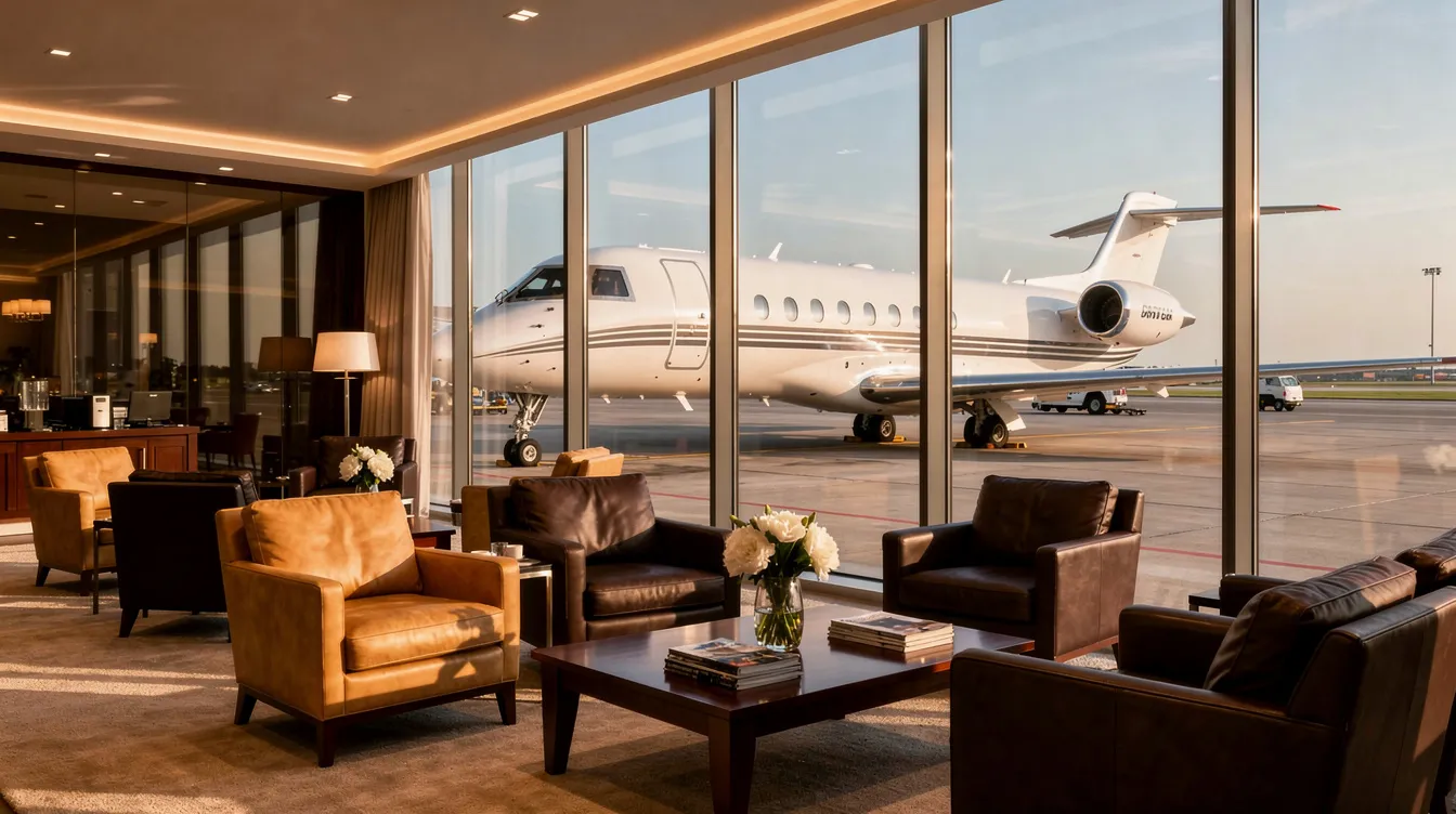 The image depicts the interior of a luxurious private terminal lounge featuring plush leather seating and expansive windows that provide a view of a runway, where a private jet is parked outside. This elegant setting is designed for those utilizing private jet charter services, offering a comfortable space for travelers before their flight.