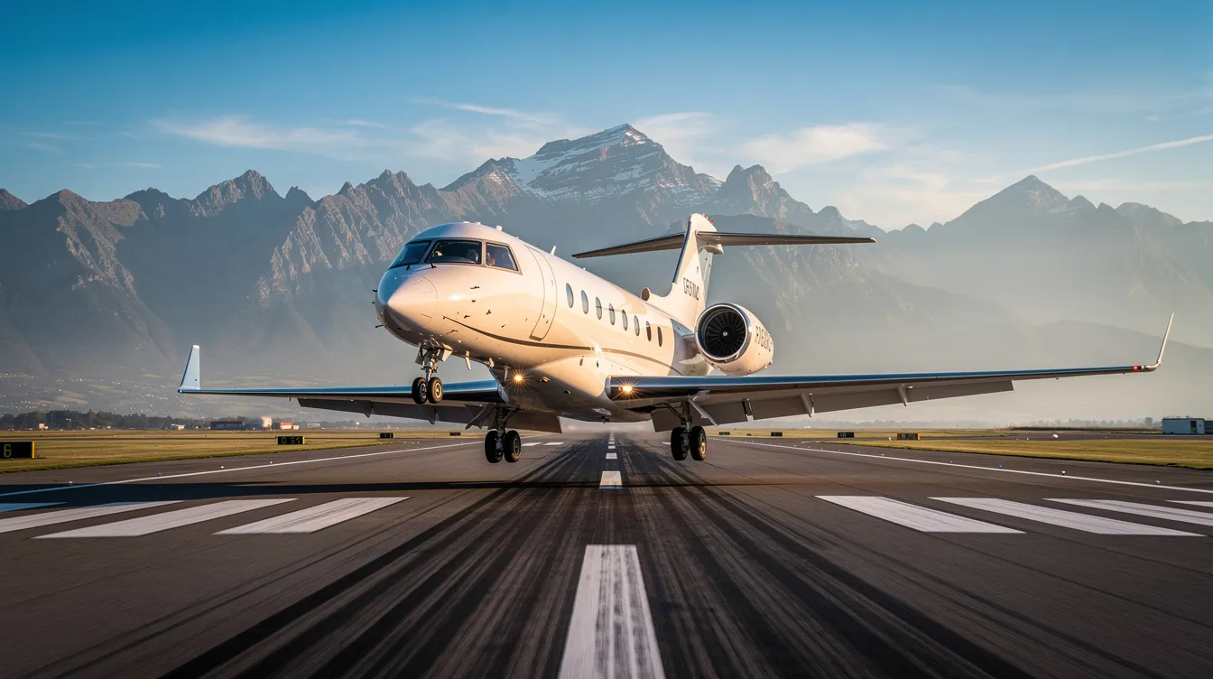 A sleek private jet is approaching a runway with majestic mountains in the background, all under a clear blue sky, showcasing the beauty of private aviation travel. This scene highlights the luxury and freedom associated with owning or chartering a private aircraft.