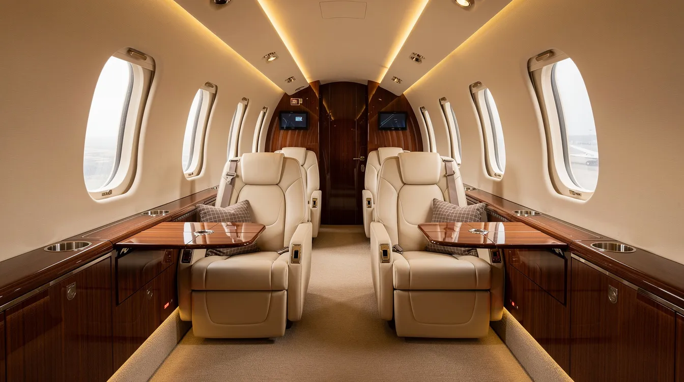 The image showcases the luxurious interior of a large cabin private jet, featuring cream leather seats, elegant wood veneer accents, and soft ambient lighting, creating a sophisticated atmosphere for private jet owners. This spacious cabin is designed for comfort and style, ideal for private jet travel and business jets.