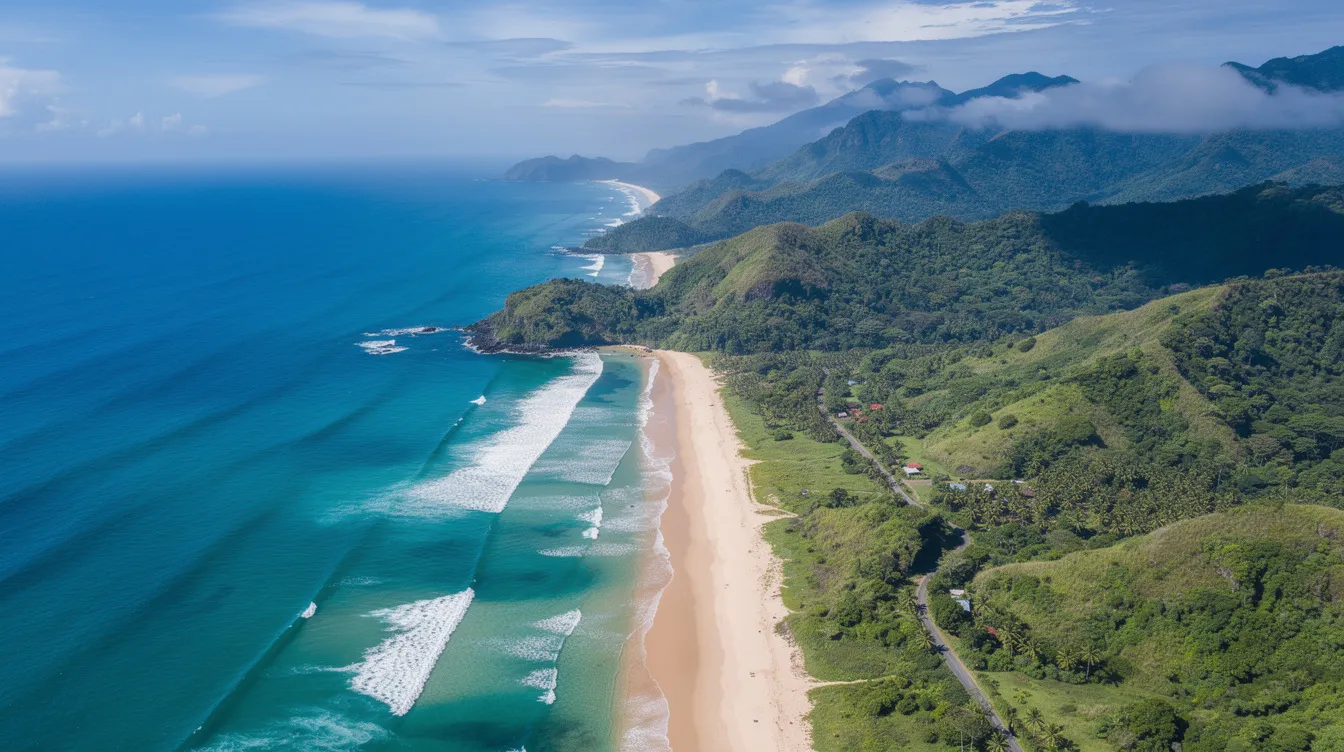 An aerial view captures a stunning tropical coastline, featuring vibrant turquoise waters and lush green hills, evoking the allure of long-haul destinations often sought after by private jet owners. This picturesque scene suggests the luxurious experience of private jet travel to exotic locales.