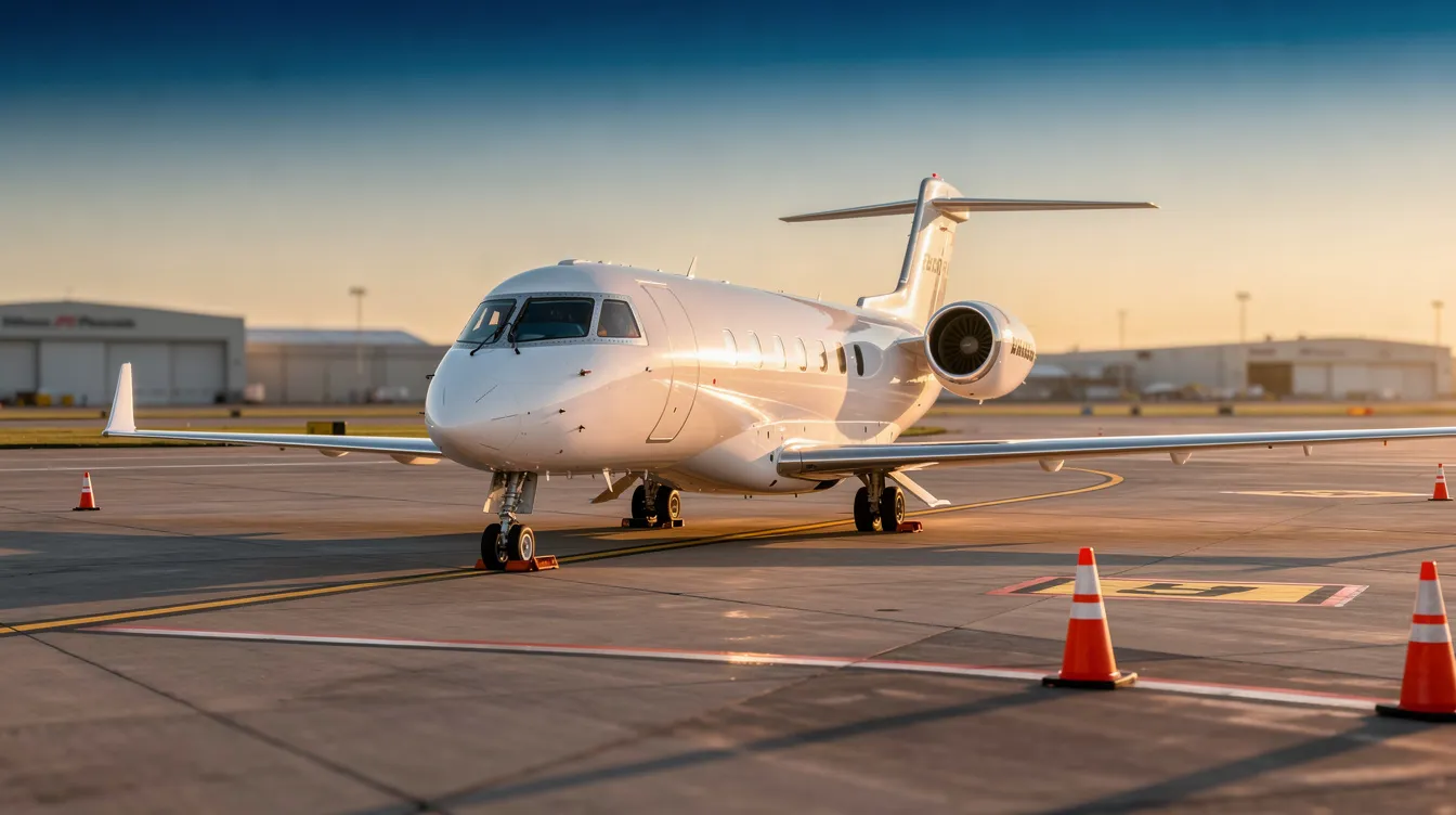 A sleek white private jet is parked on an airport tarmac during golden hour, with a clear sky creating a picturesque backdrop. This luxurious aircraft represents the pinnacle of private jet travel, appealing to private jet owners seeking comfort and style.