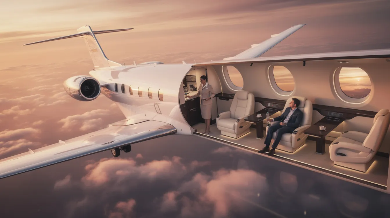 The image depicts a sleek private jet parked on a tarmac, showcasing its luxurious design and spacious interior, ideal for private jet travel. This private jet charter highlights the exclusivity and comfort associated with flying privately, making it a popular choice for those seeking an upscale travel experience.