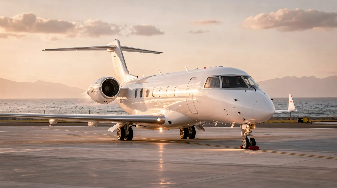 The image depicts a sleek private jet parked on a tarmac, showcasing its luxurious design and spacious interior, ideal for private jet travel. This private jet charter highlights the exclusivity and comfort associated with flying privately, making it a popular choice for those seeking an upscale travel experience.
