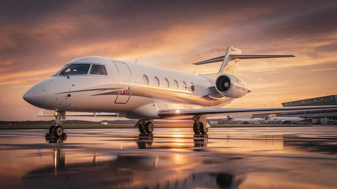 The image depicts a sleek private jet parked at a private airport, showcasing the luxurious design typical of private aviation. This aircraft represents the convenience and exclusivity of private jet travel, often chartered for both domestic and international flights, highlighting the appeal of flying privately.