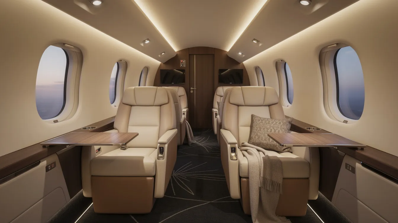 The image depicts the interior of a modern private jet cabin featuring luxurious leather seating arranged for comfort, complemented by soft ambient lighting. This elegant space exemplifies the high standards of private aviation, ideal for those considering private jet travel or fractional jet ownership.
