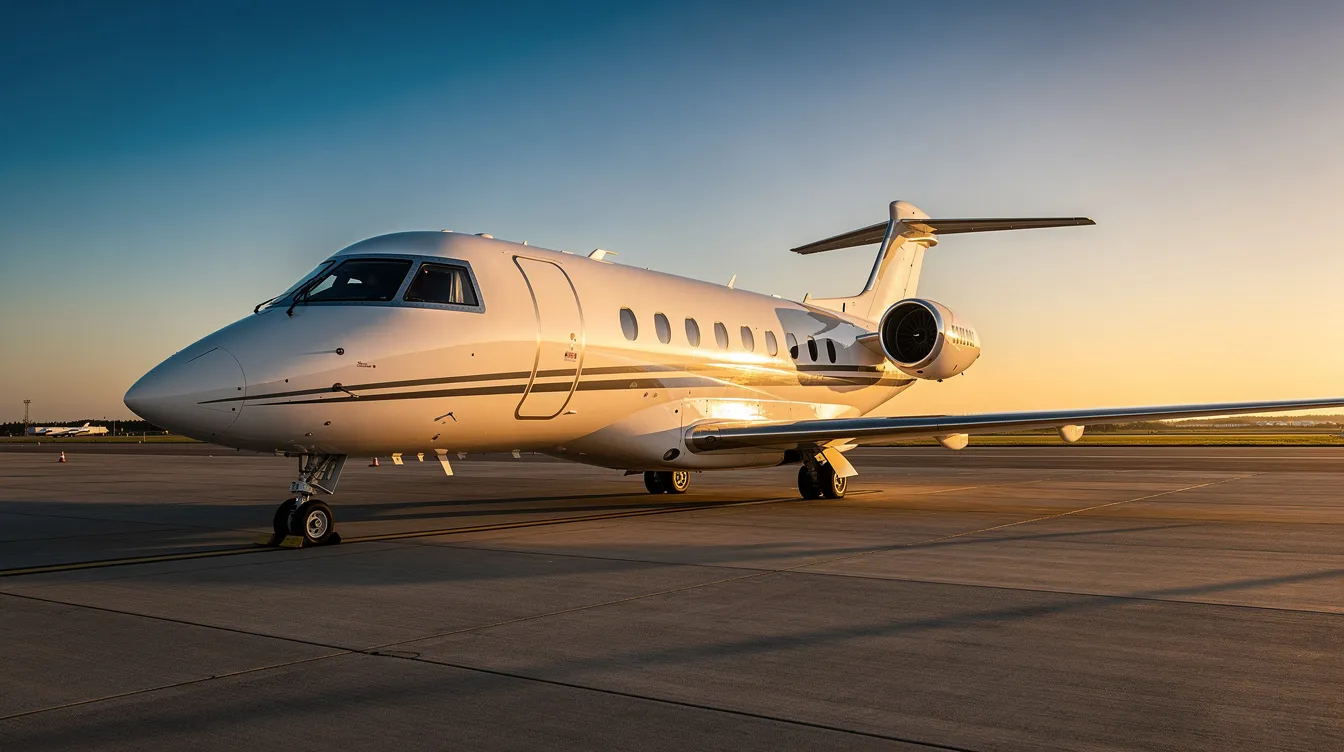 A sleek modern private jet is parked on a tarmac during golden hour, with a vibrant orange and pink sky in the background. This image captures the essence of private aviation, showcasing the luxurious experience of private jet travel against a serene backdrop.