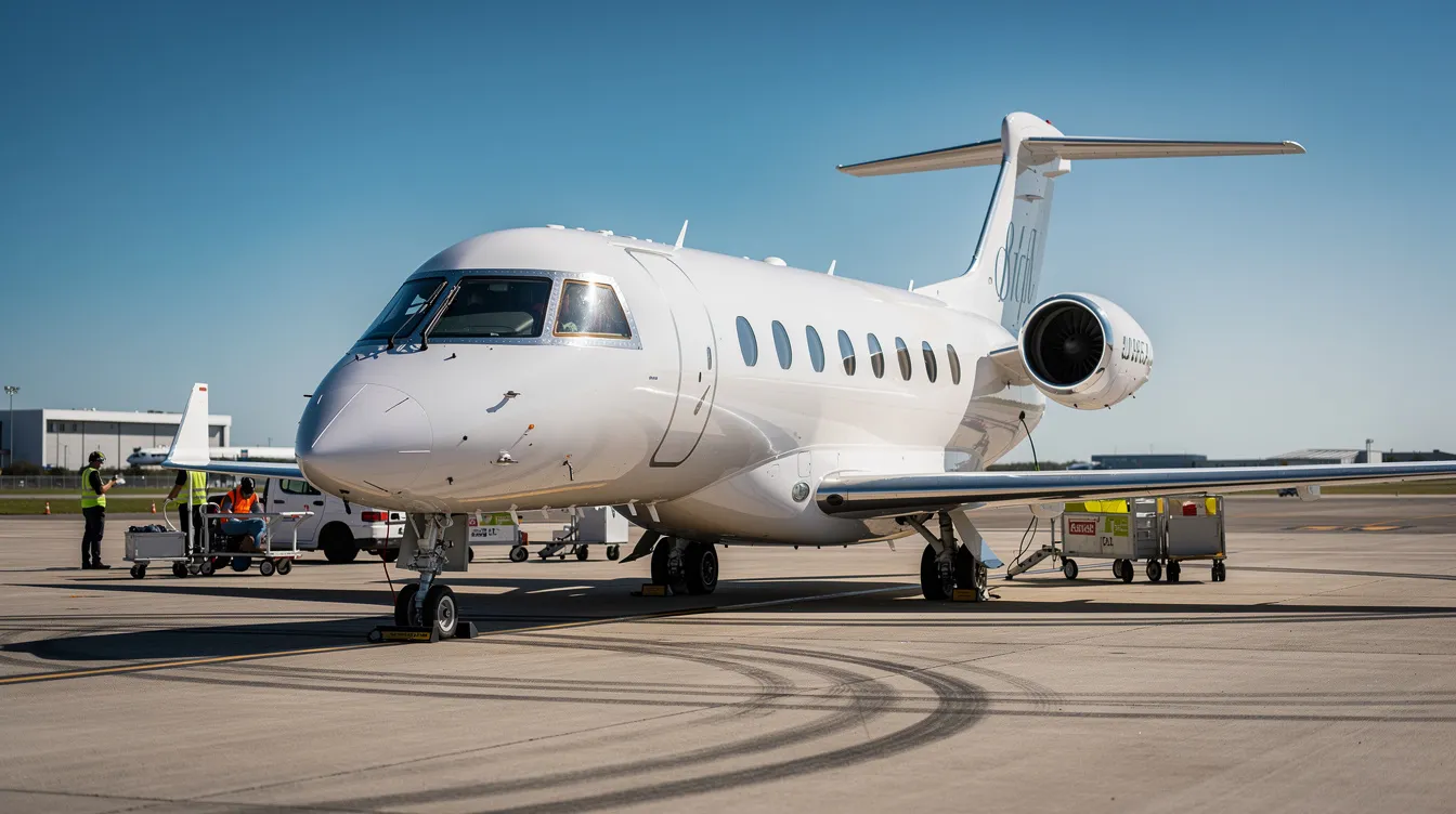 A modern light jet is positioned on a runway under a clear blue sky, with ground crew members visible in the background preparing for takeoff. This scene highlights the world of private aviation, showcasing the efficiency and luxury associated with private jet travel.