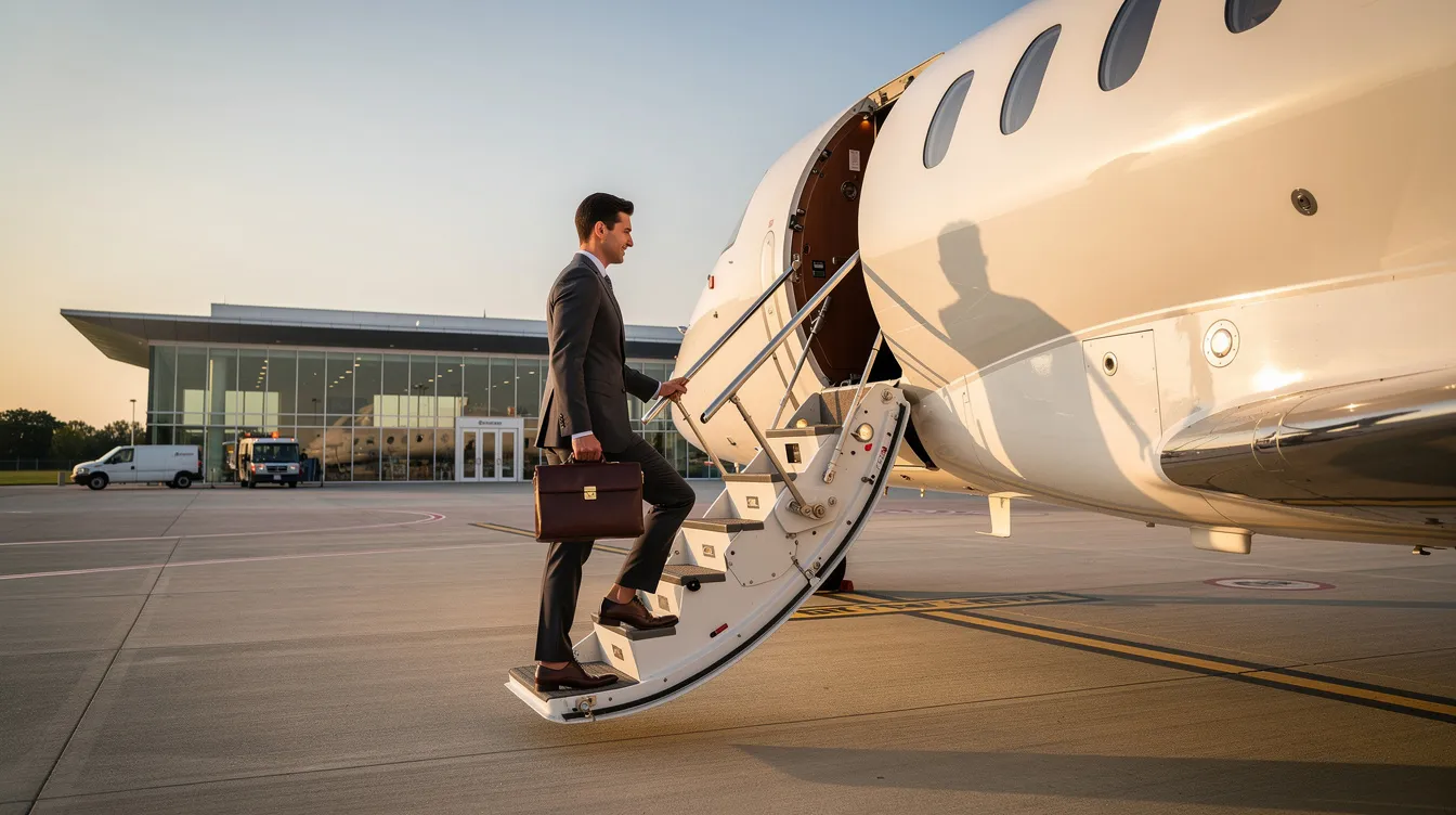 An executive dressed in a tailored business suit is confidently ascending the boarding stairs of a midsize private jet at a private aviation terminal, ready for a private flight. This scene highlights the luxury and convenience of private jet travel, emphasizing the appeal of fractional jet ownership for frequent flyers.
