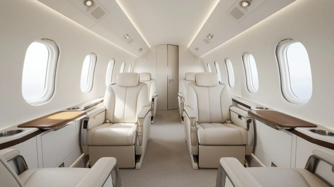 The image depicts a luxurious interior of a modern private jet cabin, featuring plush leather seats and large windows that allow ample natural light. This well-maintained aircraft is ideal for up to four passengers, showcasing the comfort and elegance associated with premium aircraft rental options.