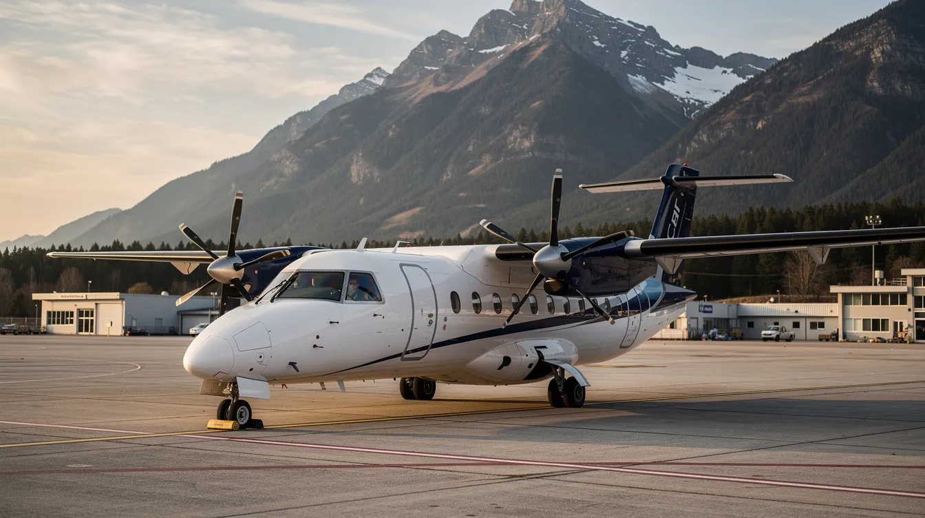 A turboprop aircraft is parked on the tarmac of a small regional airport, with majestic mountains in the background, suggesting a tranquil setting for flight training or aircraft rental. This well-maintained aircraft could accommodate up to four passengers, ideal for local flying clubs or private pilots seeking a weekend getaway.