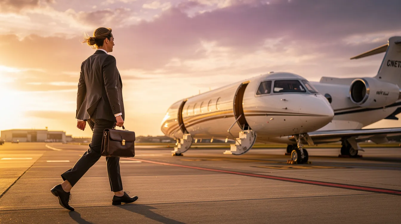 A business professional in formal attire walks confidently towards a well-maintained private jet on the tarmac, illuminated by the warm glow of a sunset. This scene reflects the allure of aircraft rental, highlighting the elegance and convenience of flying, especially for those considering options for weekend getaways or business trips.