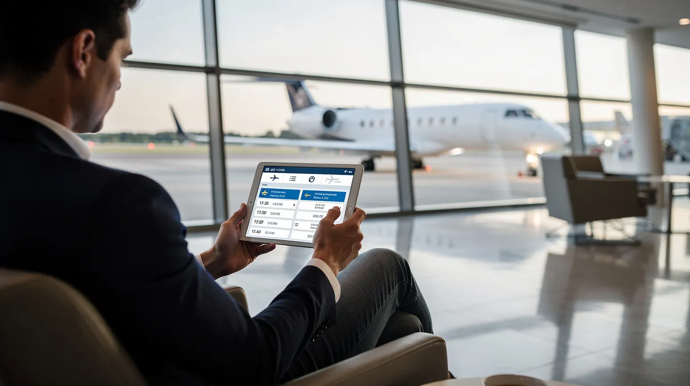 A person is sitting near a private aviation terminal, intently reviewing flight options on a tablet, exploring various private jet charter services and comparing prices for efficient private air travel. The scene captures the convenience and flexibility of accessing a global fleet of aircraft options in real time.