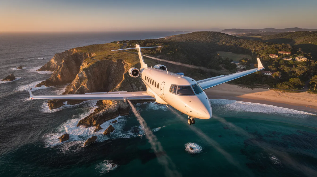 An aerial view captures a sleek private jet soaring over a stunning coastal landscape, showcasing the beauty of private air travel. This image highlights the elegance of private jets and the efficiency of private charter services, connecting travelers to breathtaking destinations.