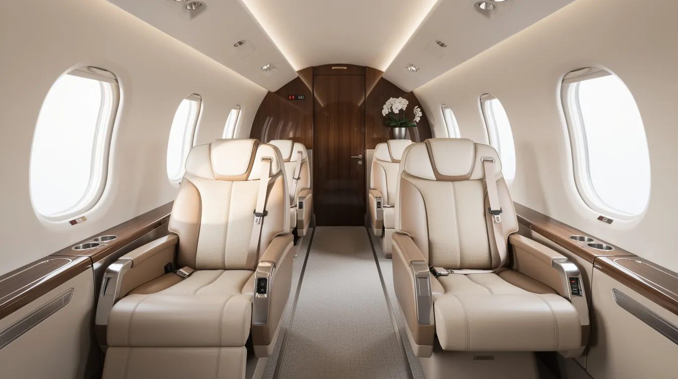 The image showcases the interior of a modern private jet cabin, featuring luxurious leather seating and ample natural light flooding in, creating an inviting atmosphere for travelers. This elegant space exemplifies the comfort and convenience of private aviation, ideal for those seeking a sophisticated travel experience.