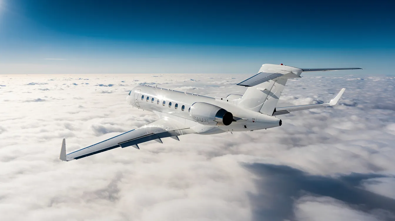 A sleek private jet soars above a blanket of fluffy white clouds, set against a vibrant blue sky, symbolizing the luxury and freedom of private aviation. This image captures the essence of private jet charter services, highlighting the elegance and efficiency of air travel for discerning private jet travelers.