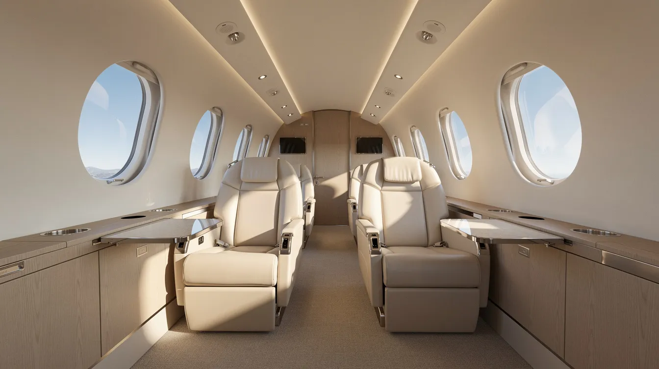 The image depicts the interior of a spacious modern private jet cabin, featuring luxurious leather seats and ample natural light streaming through oval windows. This elegant setting is designed for private jet travelers seeking a premium experience in private aviation.