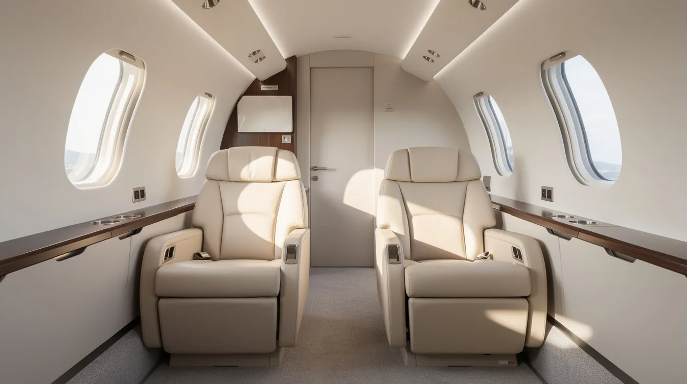 The image depicts the interior of a modern private jet cabin featuring luxurious leather club seats that face each other, allowing for comfortable conversation among passengers. Sunlight streams through oval windows, enhancing the spacious atmosphere ideal for private jet travel and relaxation.