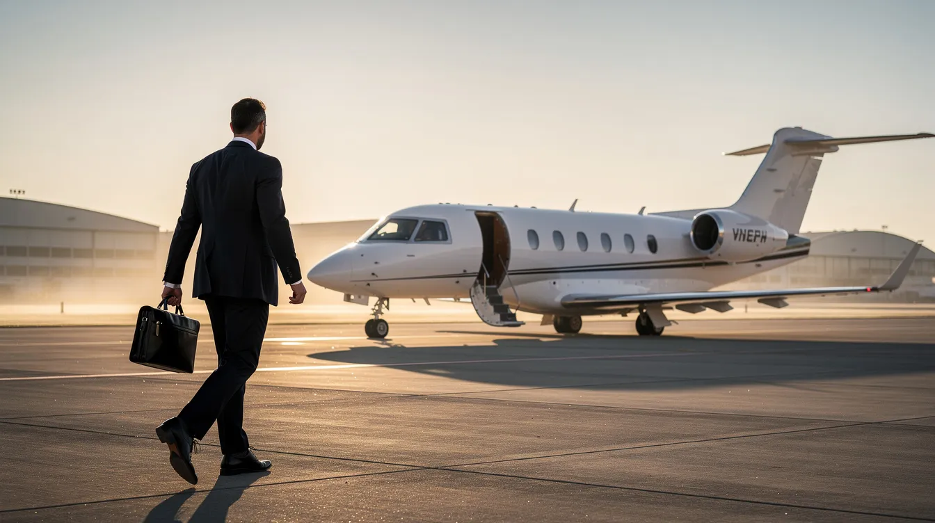 An executive dressed in formal business attire is walking across a tarmac toward a small white private jet, illuminated by the soft morning light. This scene captures the essence of private jet travel, highlighting the convenience and luxury of private aviation.