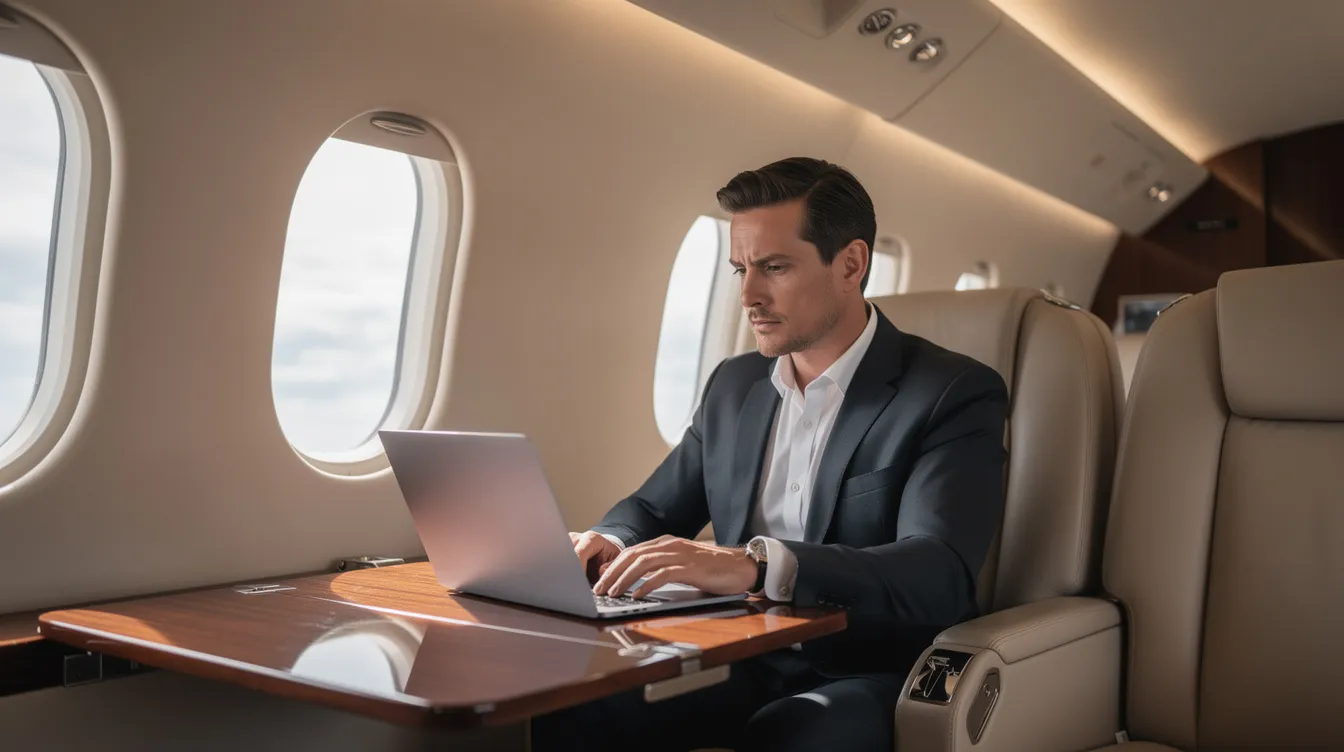 An executive is focused on their laptop inside a spacious and well-lit private jet cabin, showcasing the comfort and luxury of private jet travel during flight. The image highlights the modern amenities available in private aircraft, making it ideal for business travelers seeking efficient workspaces while flying.