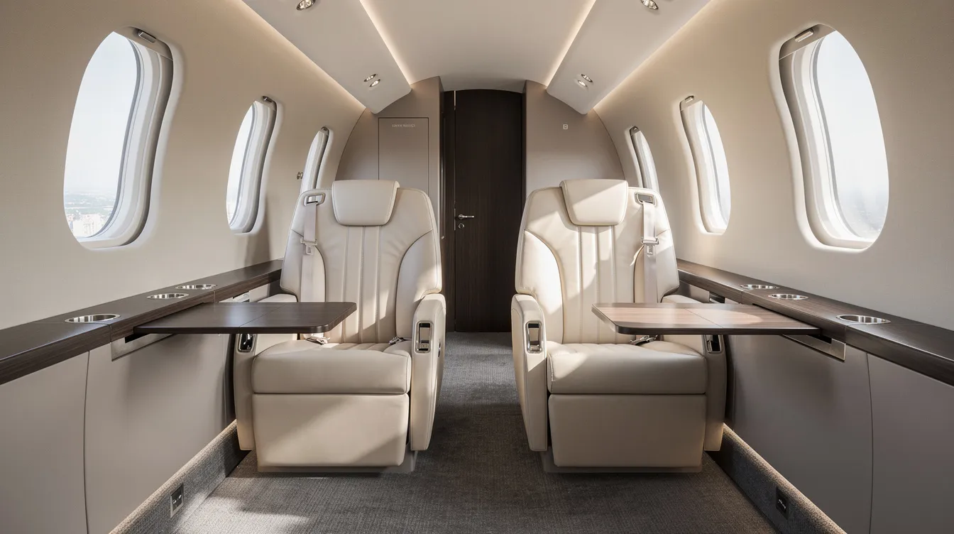 The image depicts the interior of a modern midsize private jet cabin, featuring luxurious leather seats and ample natural light streaming in through oval windows. This elegant space exemplifies the comfort and style associated with private jet travel, ideal for both business travelers and leisure trips.
