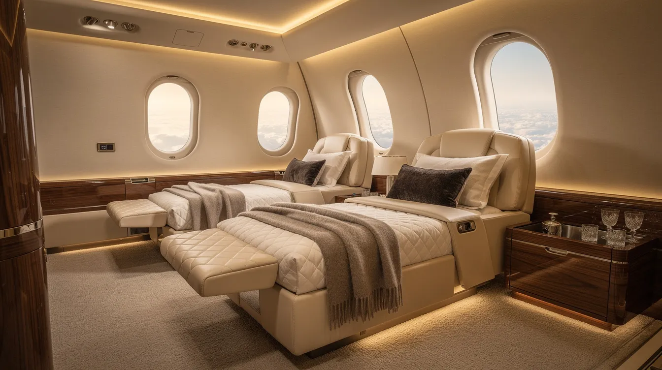 The image depicts a luxurious private jet interior designed for 15 passengers, featuring lie-flat beds, ambient lighting, and plush furnishings that create a comfortable and sophisticated atmosphere for both business and leisure trips. The spacious cabin includes multiple zones, ensuring a relaxing environment for travelers.