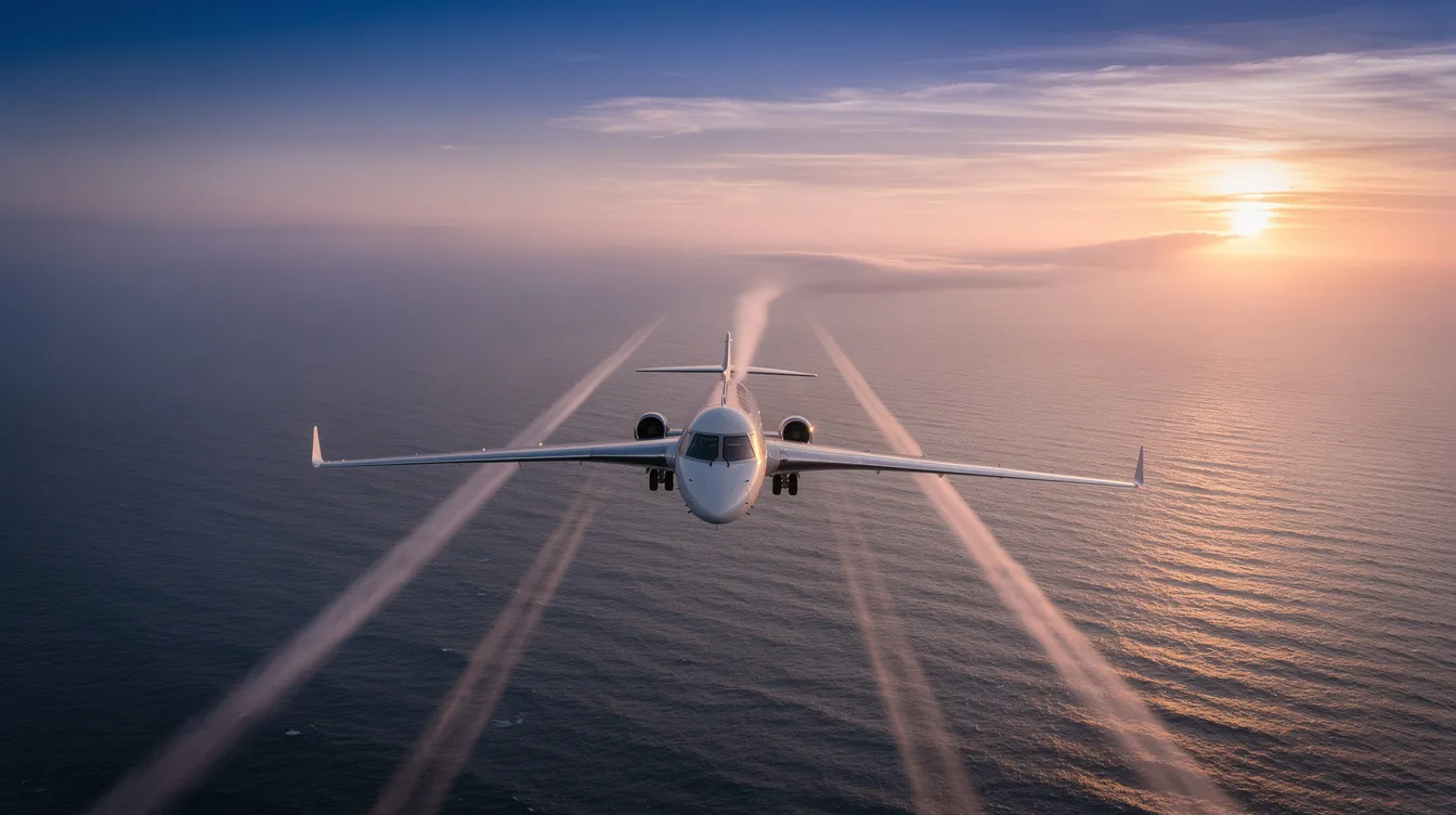 A large private jet, designed for 15 passengers, is soaring over the open ocean at sunset, leaving a trail of contrails behind it. The scene captures the essence of luxury private aviation, showcasing the jet's spacious cabin and advanced technology as it embarks on a business or leisure trip.