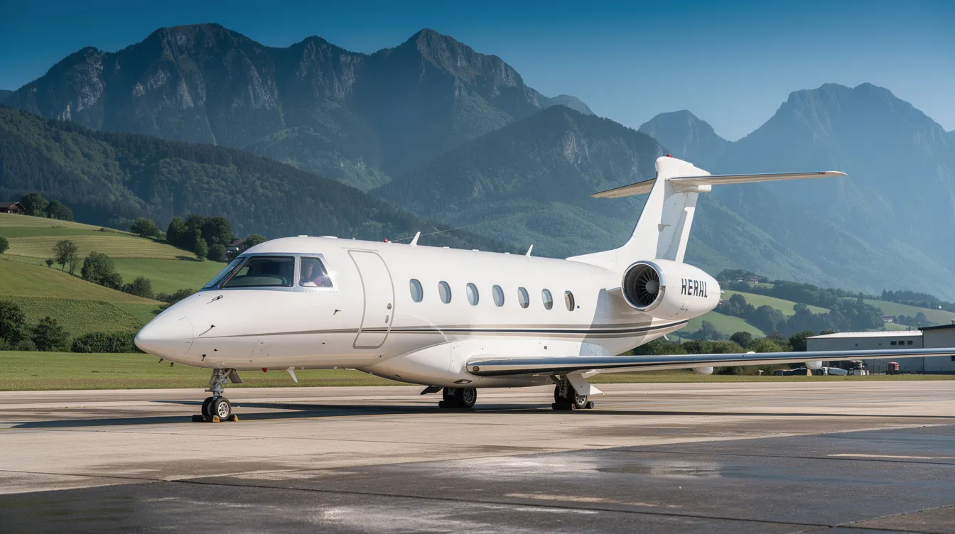 A private jet for 15 passengers is parked at a small airport, surrounded by lush green hills and mountains under a clear blue sky. The scene captures the essence of private aviation, highlighting the accessibility of smaller airports for both business and leisure trips.