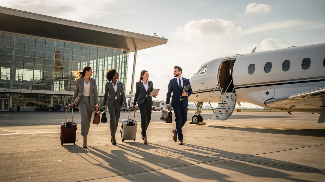 A group of business professionals in tailored suits is boarding a spacious private jet for 15 passengers on the tarmac, adjacent to a sleek modern terminal building. The scene captures the elegance of private aviation, highlighting the convenience and luxury of private jet travel for corporate teams.
