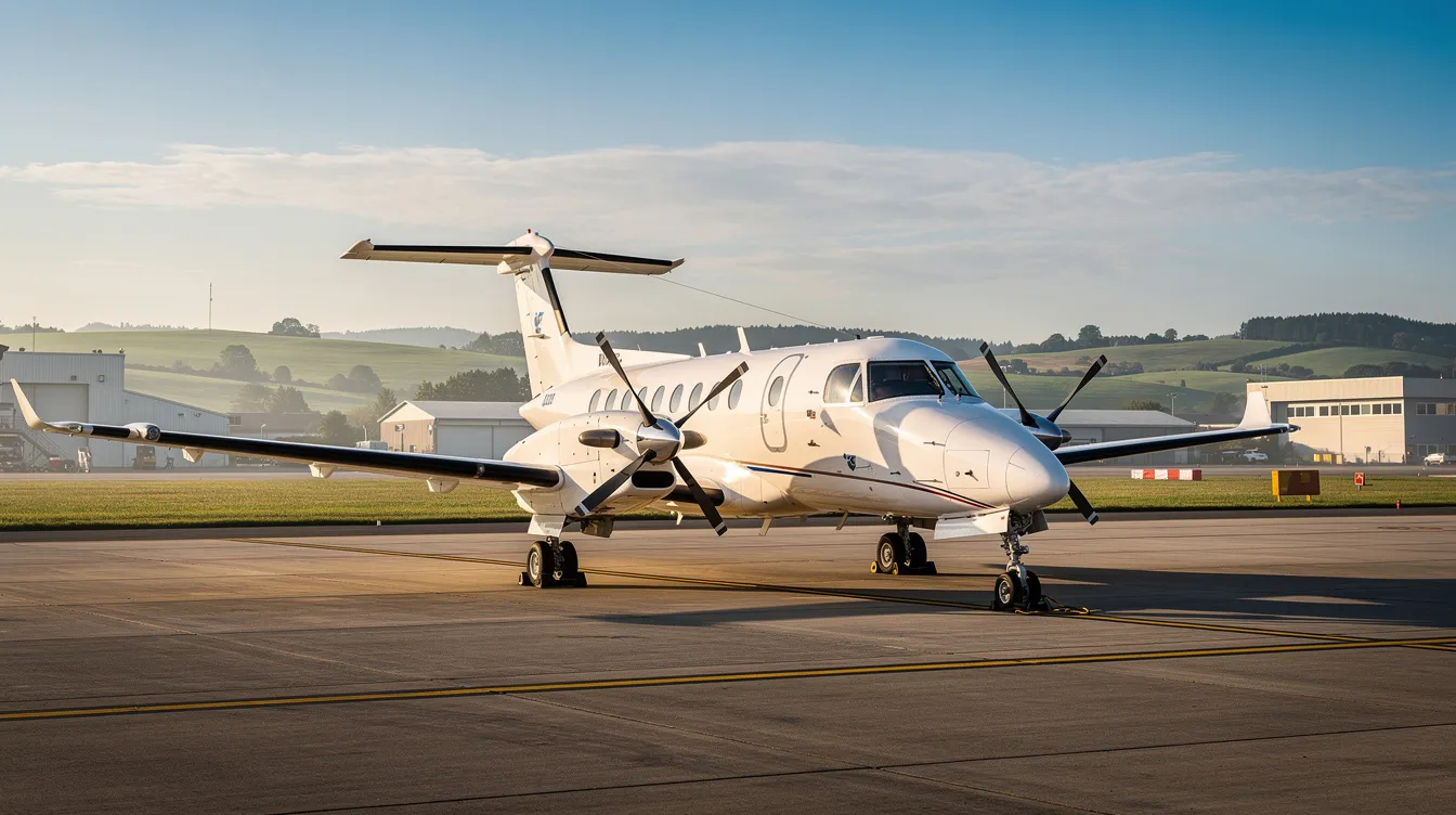 A small turboprop aircraft is parked on the tarmac of a quiet regional airport, surrounded by lush green hills in the background. This scene illustrates the appeal of private aviation, highlighting the convenience of charter flights from smaller regional airports.