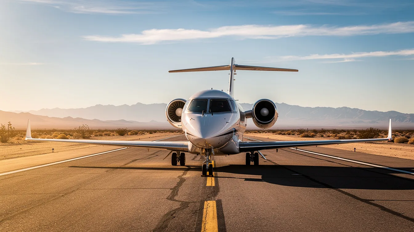 A sleek private jet sits on a runway against a backdrop of a vast desert landscape and distant mountains, showcasing the luxury of private aviation. This scene highlights the allure of private jet charter flights, offering travelers a convenient and stylish way to reach their destinations.