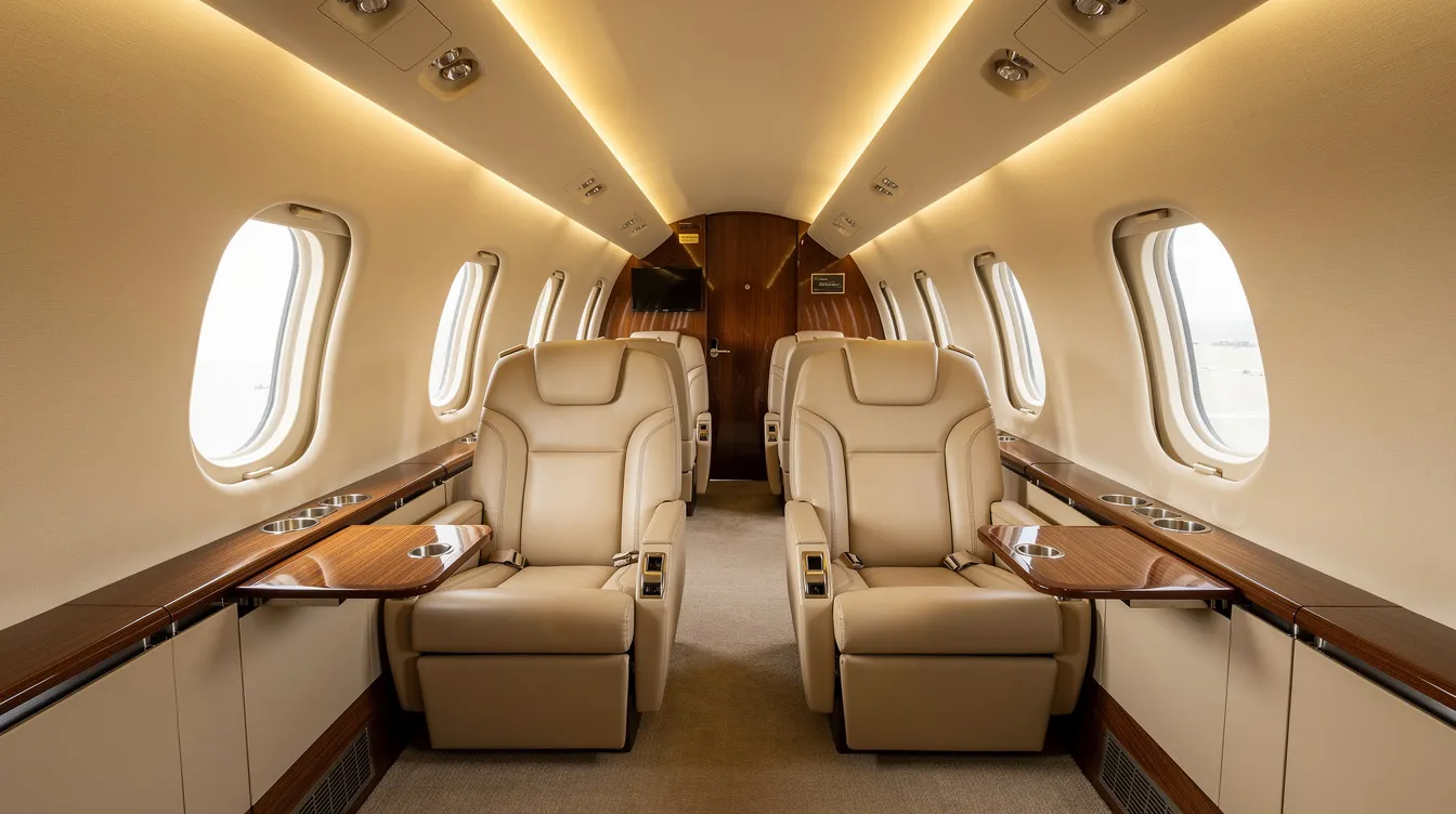 The image depicts the interior of a light jet cabin featuring cream leather seats and warm ambient lighting, creating a luxurious atmosphere for private jet travel. This elegant space is designed for comfort, making it ideal for those considering private jet charter flights or looking to understand private jet charter costs.