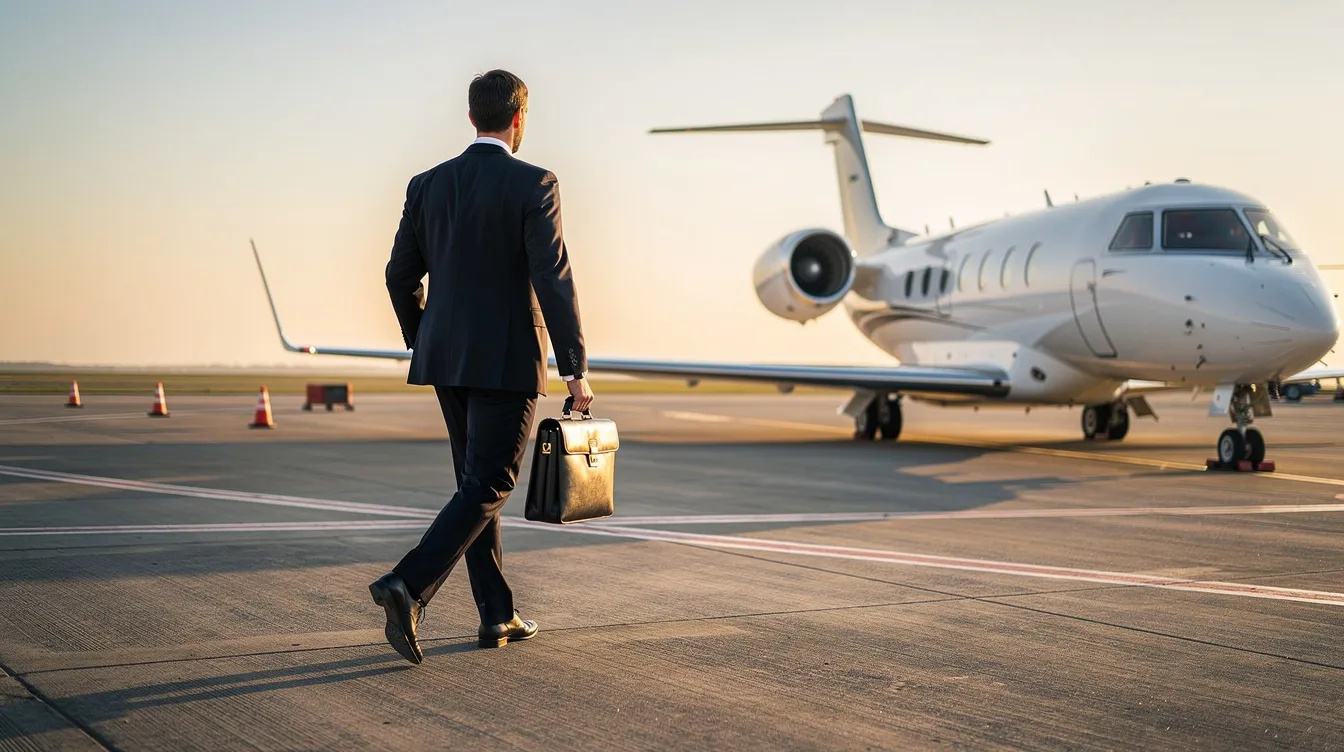 A business traveler is walking across a tarmac towards a small private plane, carrying a briefcase, ready for their private jet charter flight. The scene captures the essence of private aviation, highlighting the convenience and luxury of chartering a private jet for international or short haul flights.