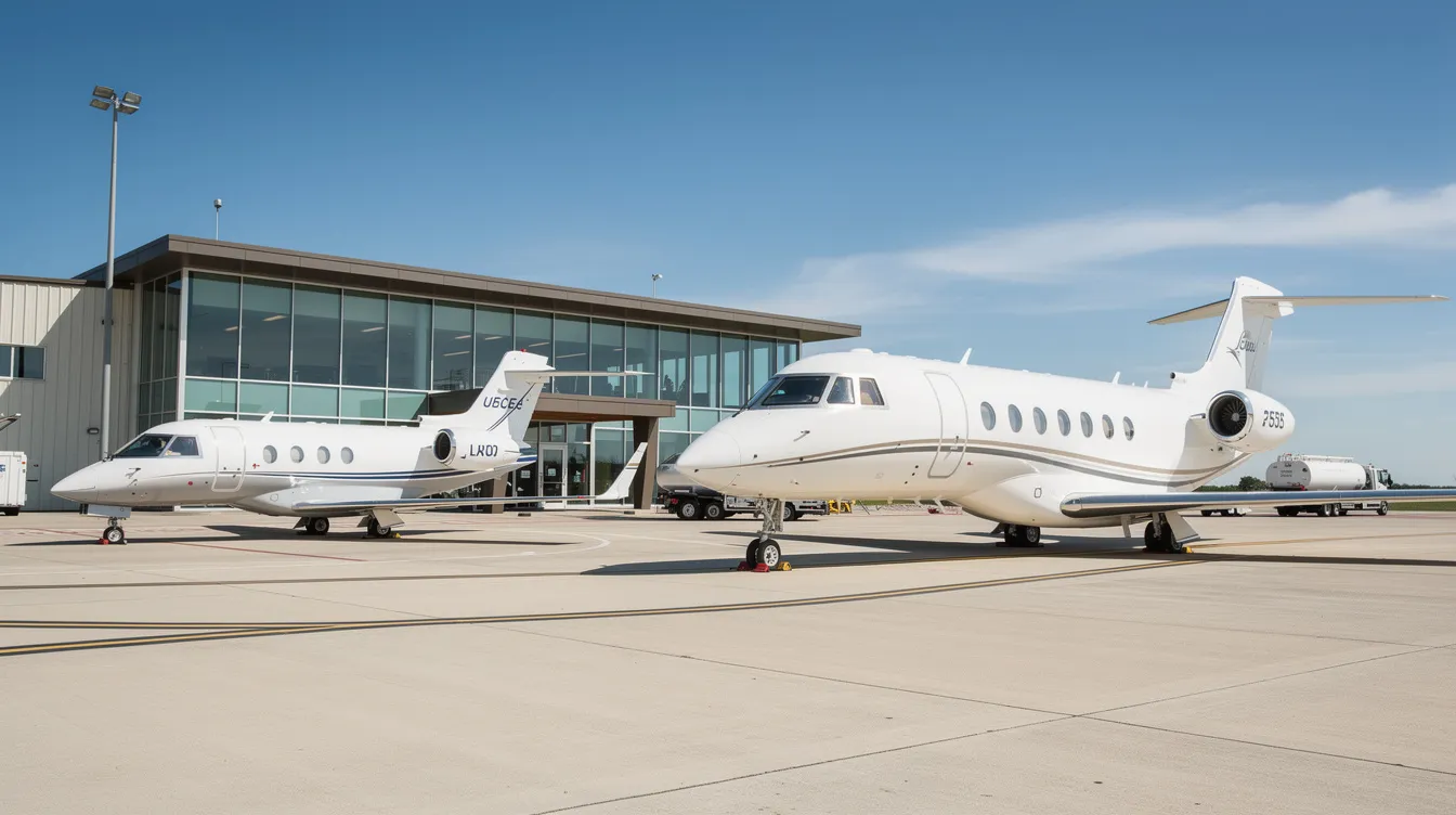 The image shows three private jets of varying sizes parked at a fixed base operator facility on a clear day, highlighting the diversity in private jet travel options. This scene represents the luxury of private jet charter services, catering to different passenger capacities and travel needs.