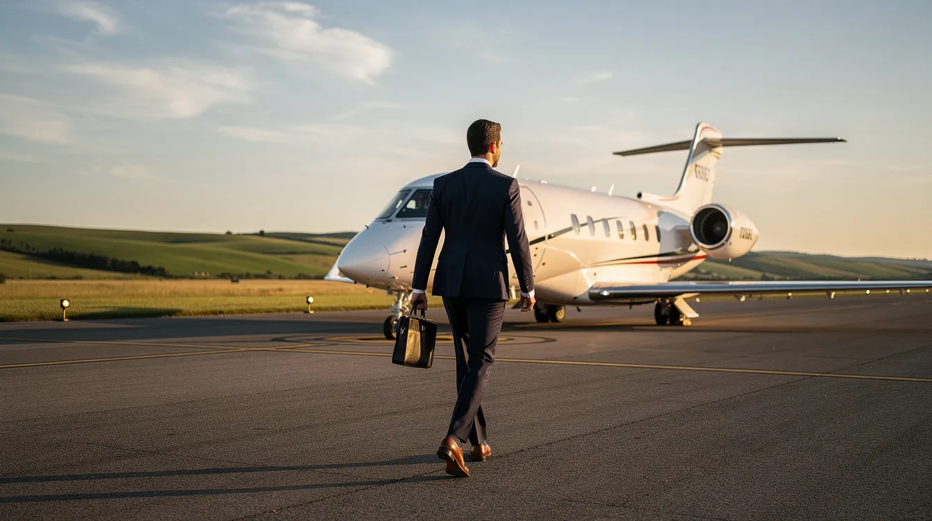 A business executive is walking toward a private jet on a small regional airport runway, with picturesque rolling hills in the background, showcasing the convenience of private jet travel for business and leisure. The scene emphasizes the elegance of private jet charter services, highlighting the accessibility of private aviation in beautiful settings.